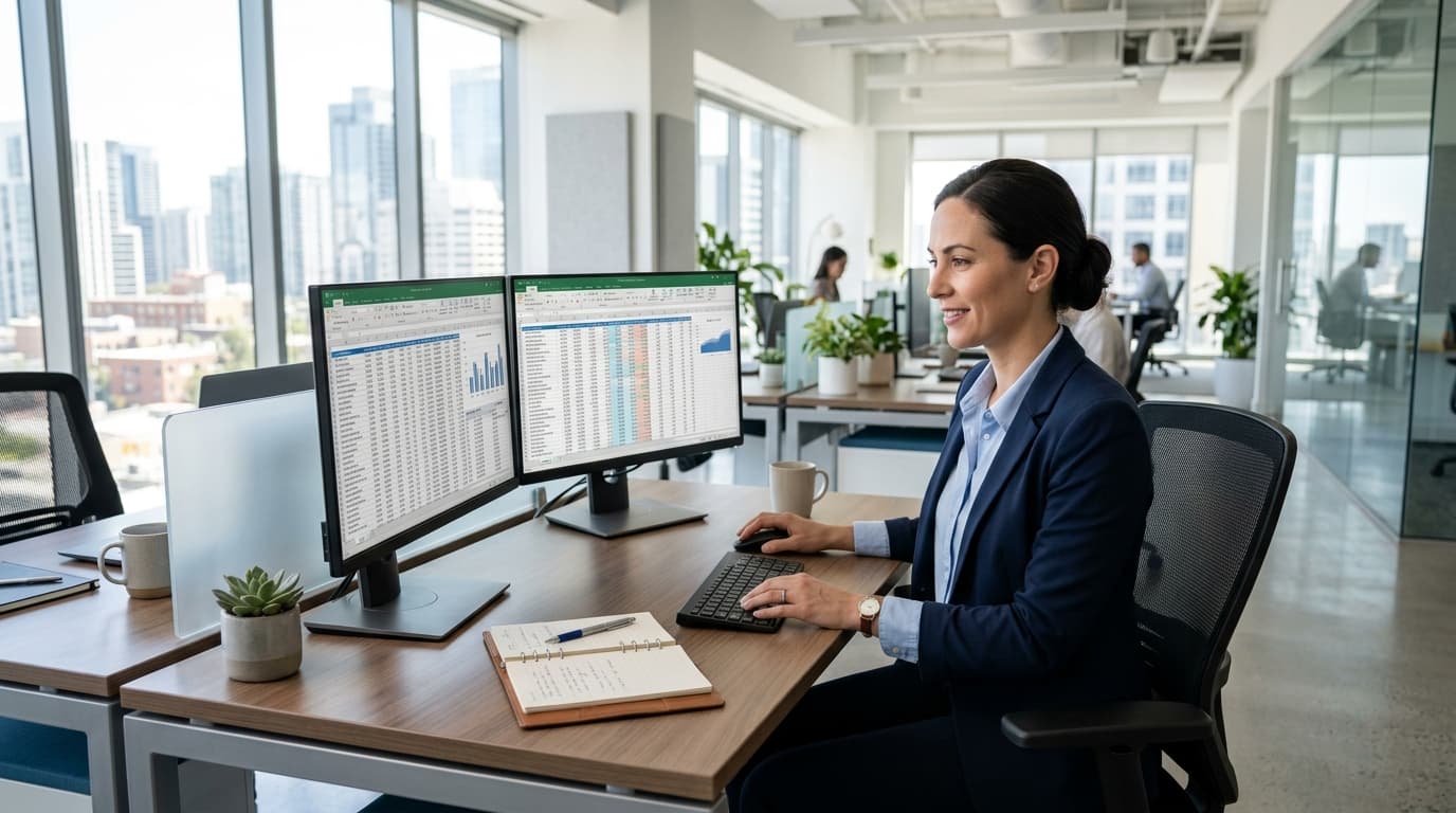 Professional accountant at desk with financial spreadsheets — RevSquared AI phone agents for accounting firms