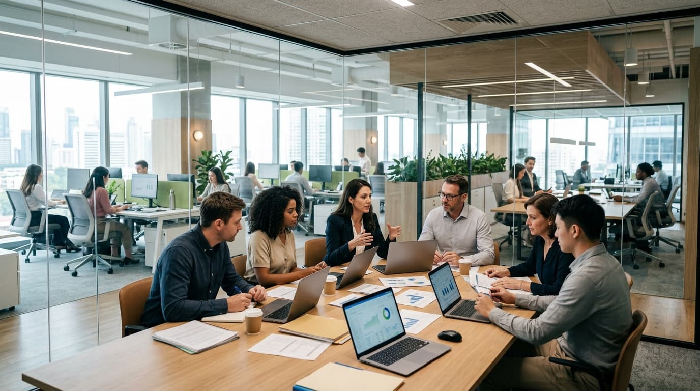 Modern accounting firm office with team collaborating — AI answering service for CPA firms