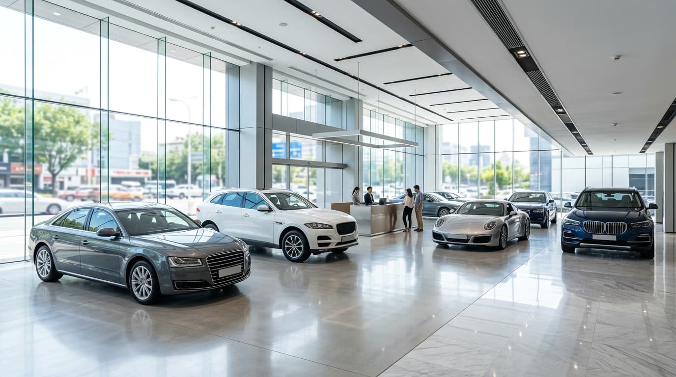 Modern car dealership showroom with vehicles on display — RevSquared AI phone agents for auto dealerships