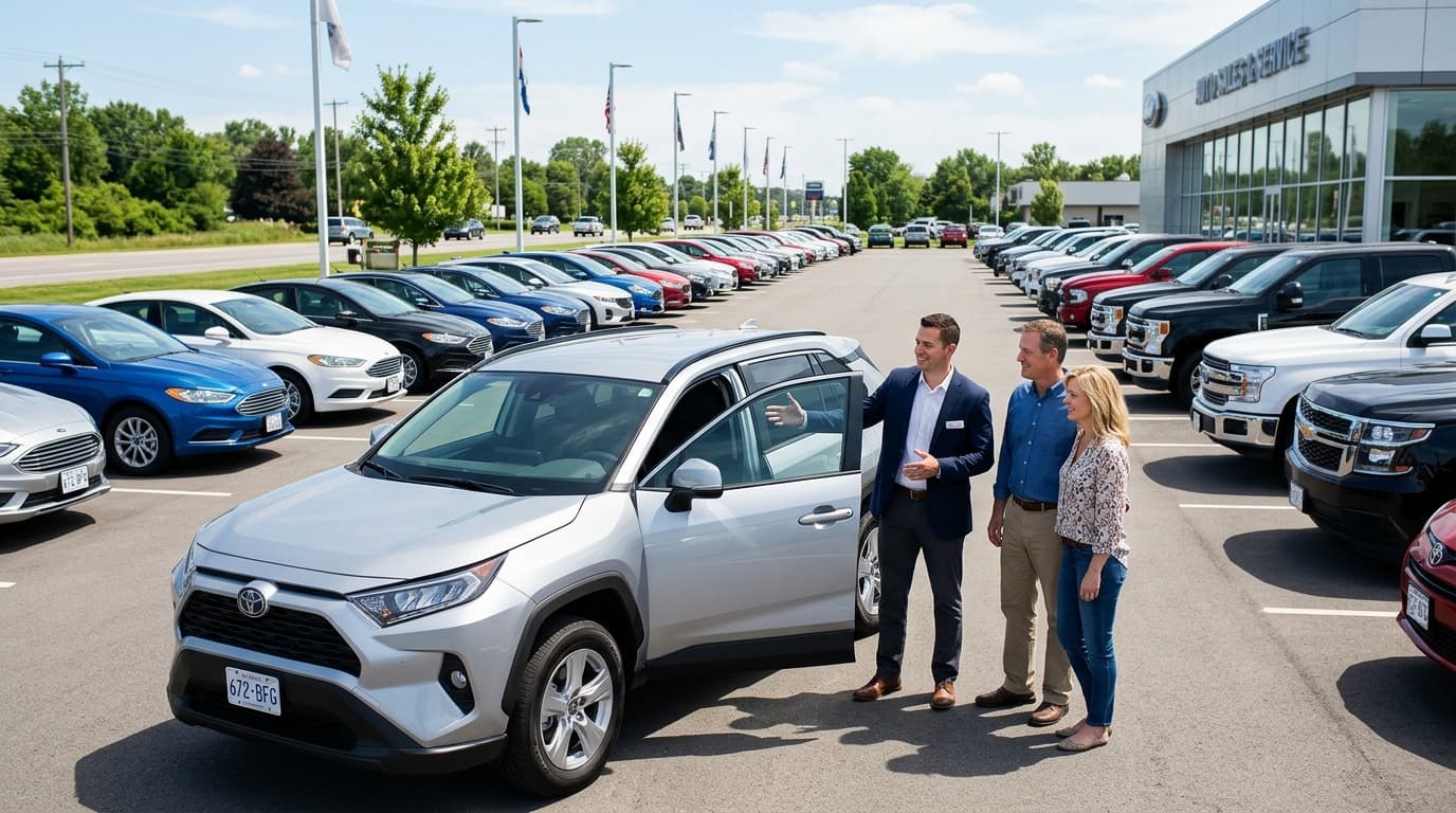 Car salesperson showing vehicle to customers at dealership — AI answering service for dealerships