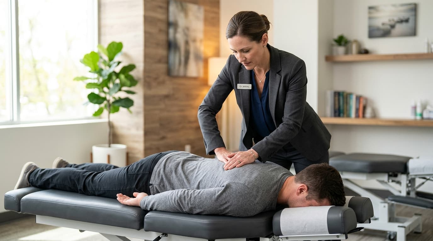 Chiropractor performing spinal adjustment on patient — RevSquared AI phone agents for chiropractic offices