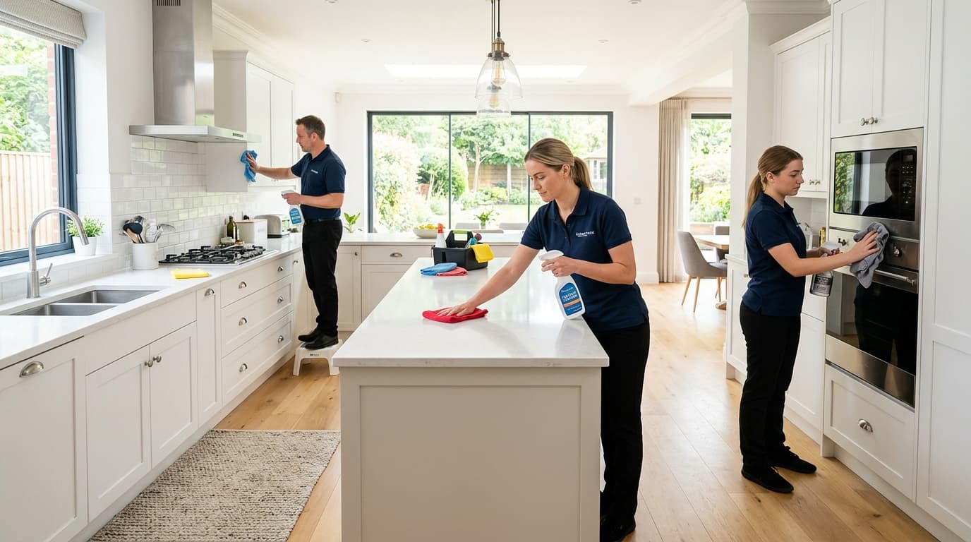 Professional cleaning crew cleaning modern home kitchen — RevSquared AI phone agents for cleaning companies