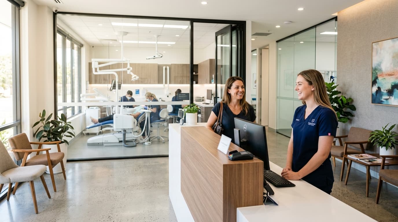 Modern dental office reception area welcoming patients — RevSquared AI phone agents for dental practices