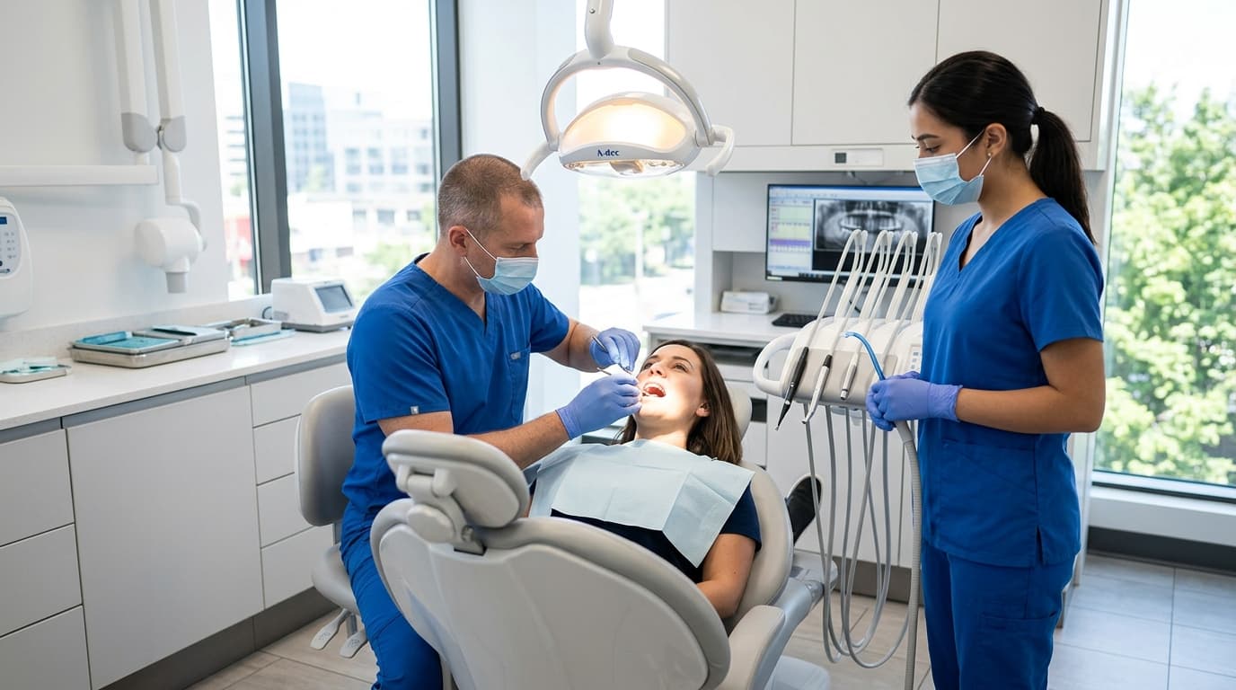 Dentist examining patient in modern dental chair — AI receptionist books dental appointments 24/7