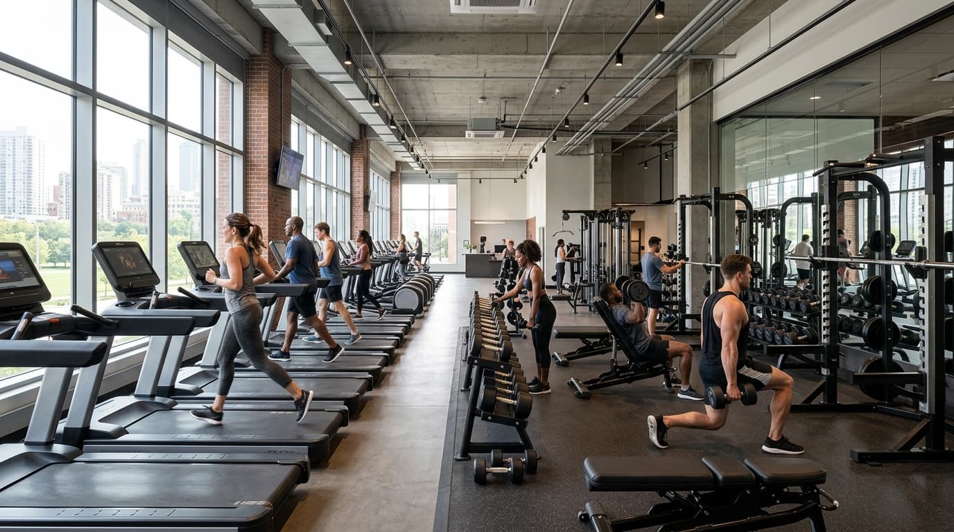 Modern gym interior with people working out — RevSquared AI phone agents for fitness centers