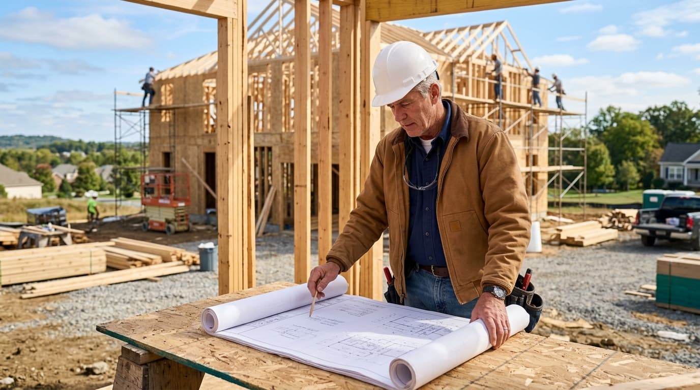 General contractor reviewing blueprints at construction site — RevSquared AI phone agents for contractors