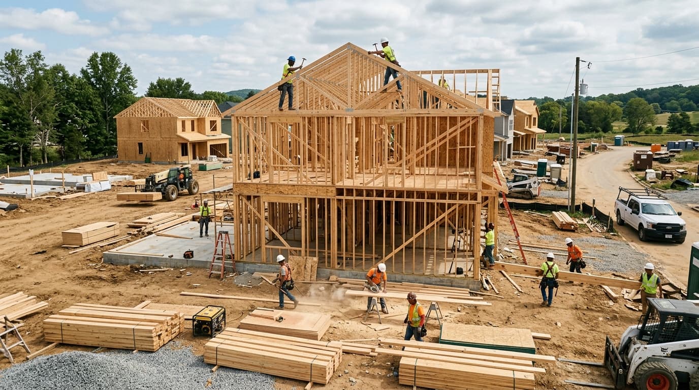 Active home construction site with workers — AI answering service for general contractors