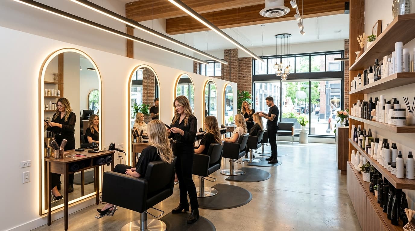 Modern hair salon interior with styling stations — AI receptionist books salon appointments 24/7