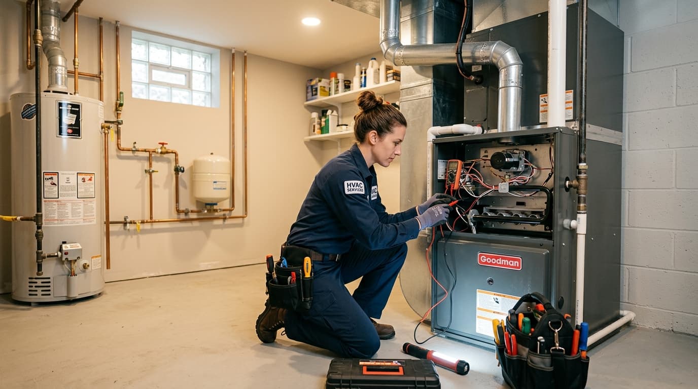 HVAC technician repairing furnace in residential utility room — 24/7 AI answering for HVAC businesses