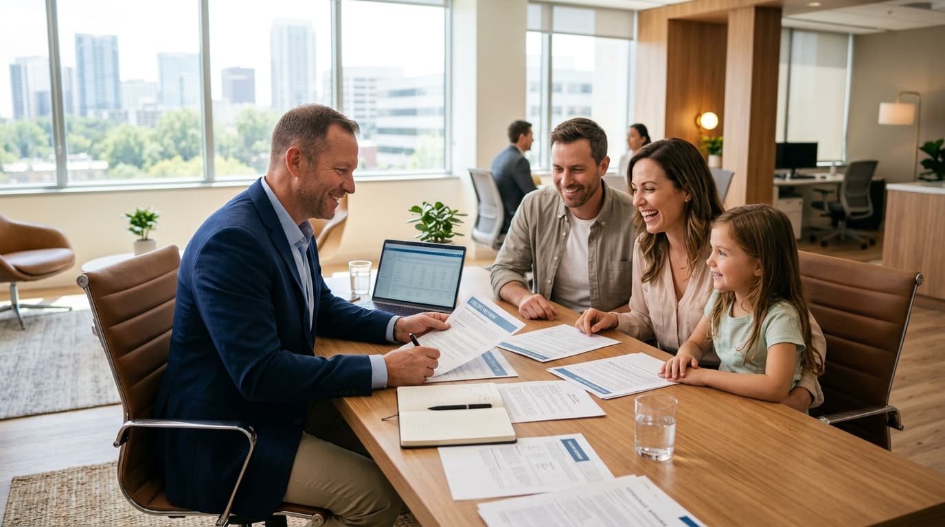 Insurance agent reviewing documents with family — RevSquared AI phone agents for insurance agencies