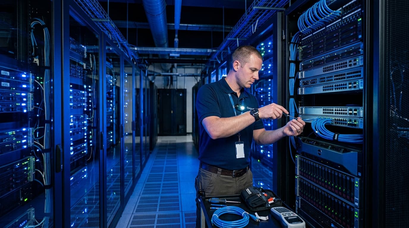 IT technician working in server room — RevSquared AI phone agents for IT services companies