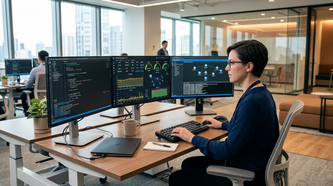 IT professional at desk with multiple monitors — AI receptionist handles IT support calls 24/7