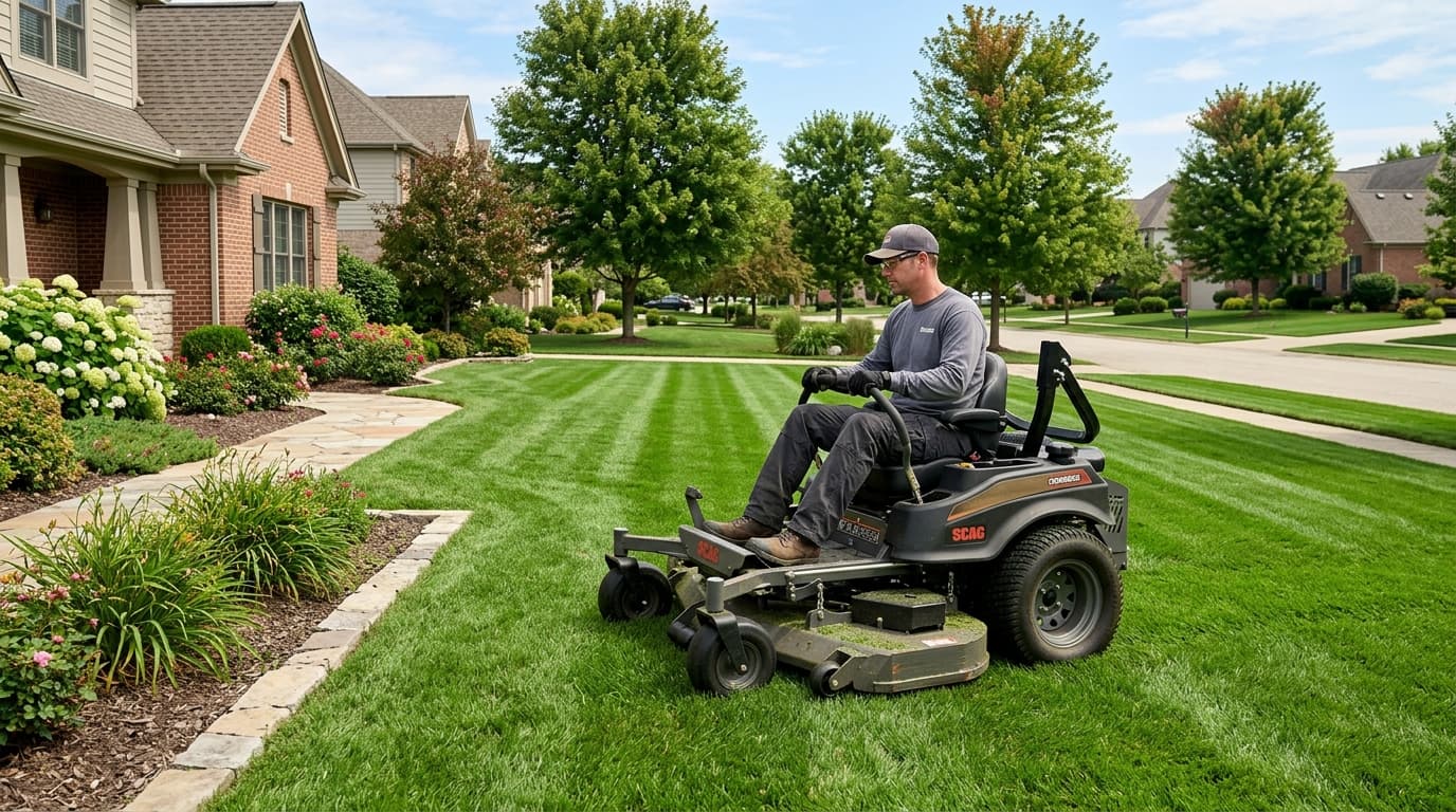 Professional landscaper mowing suburban lawn — RevSquared AI phone agents for landscaping companies