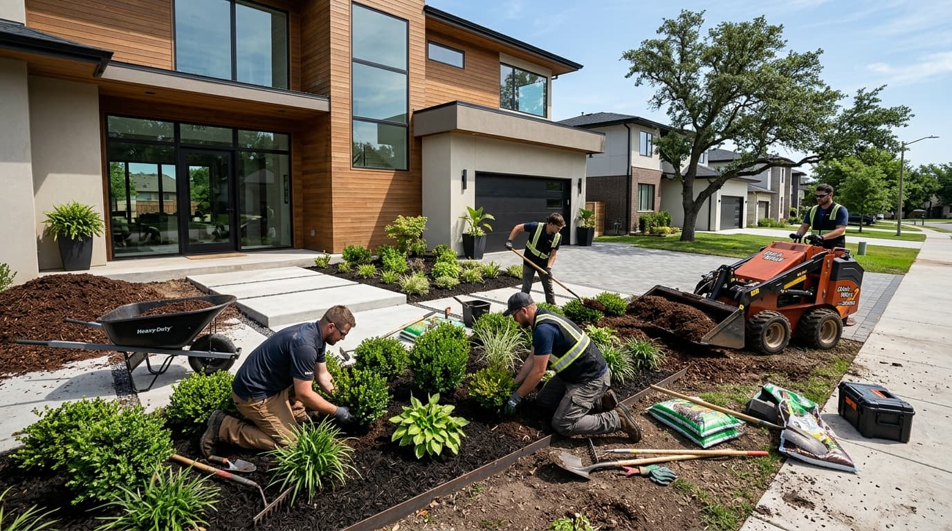 Landscaping crew planting shrubs at modern home — AI answering service for lawn care businesses