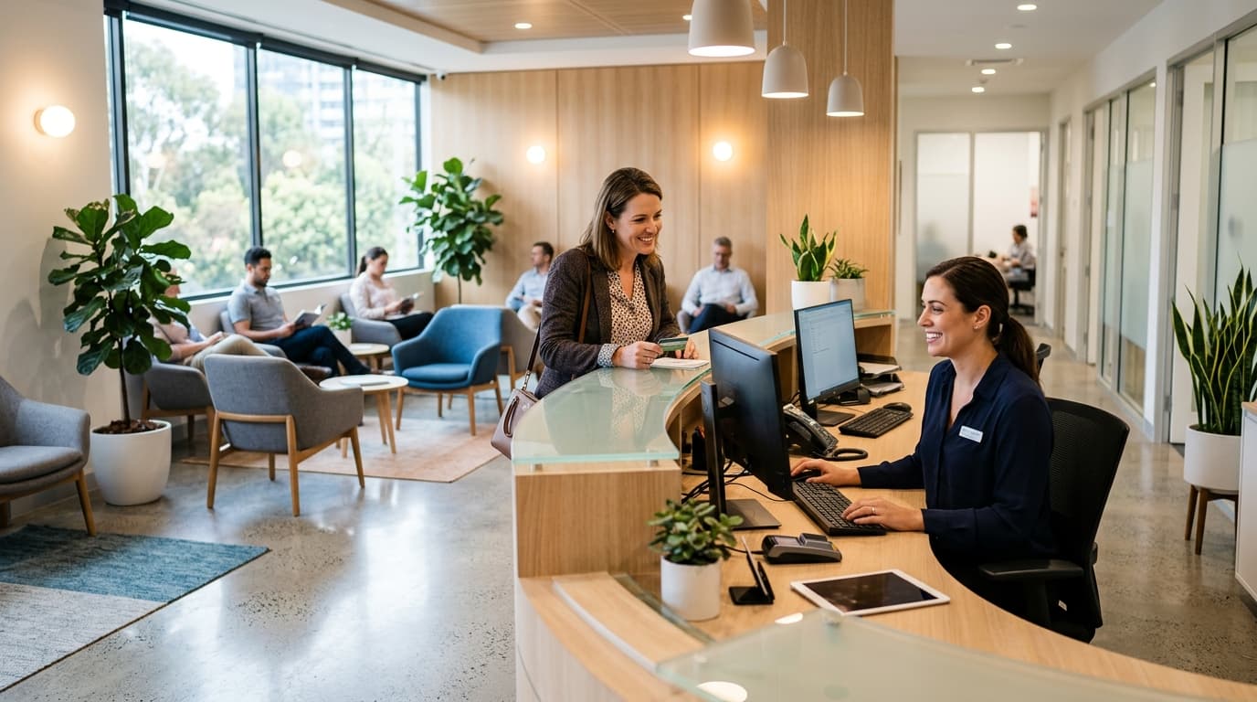 Modern medical practice reception area — RevSquared AI phone agents for medical practices