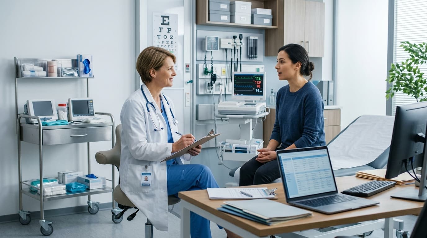Doctor consulting with patient in examination room — AI receptionist schedules medical appointments 24/7