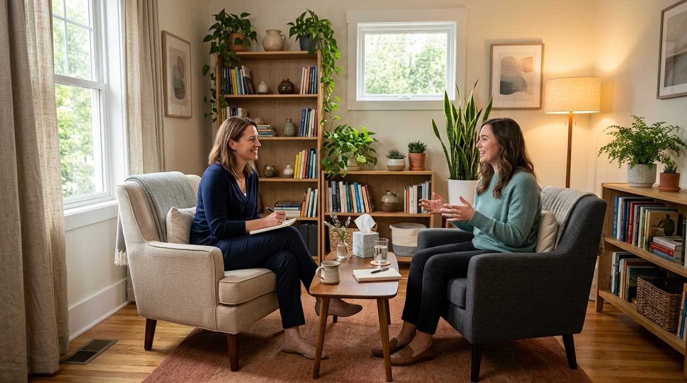 Therapist and client in comfortable therapy session — RevSquared AI phone agents for mental health practices