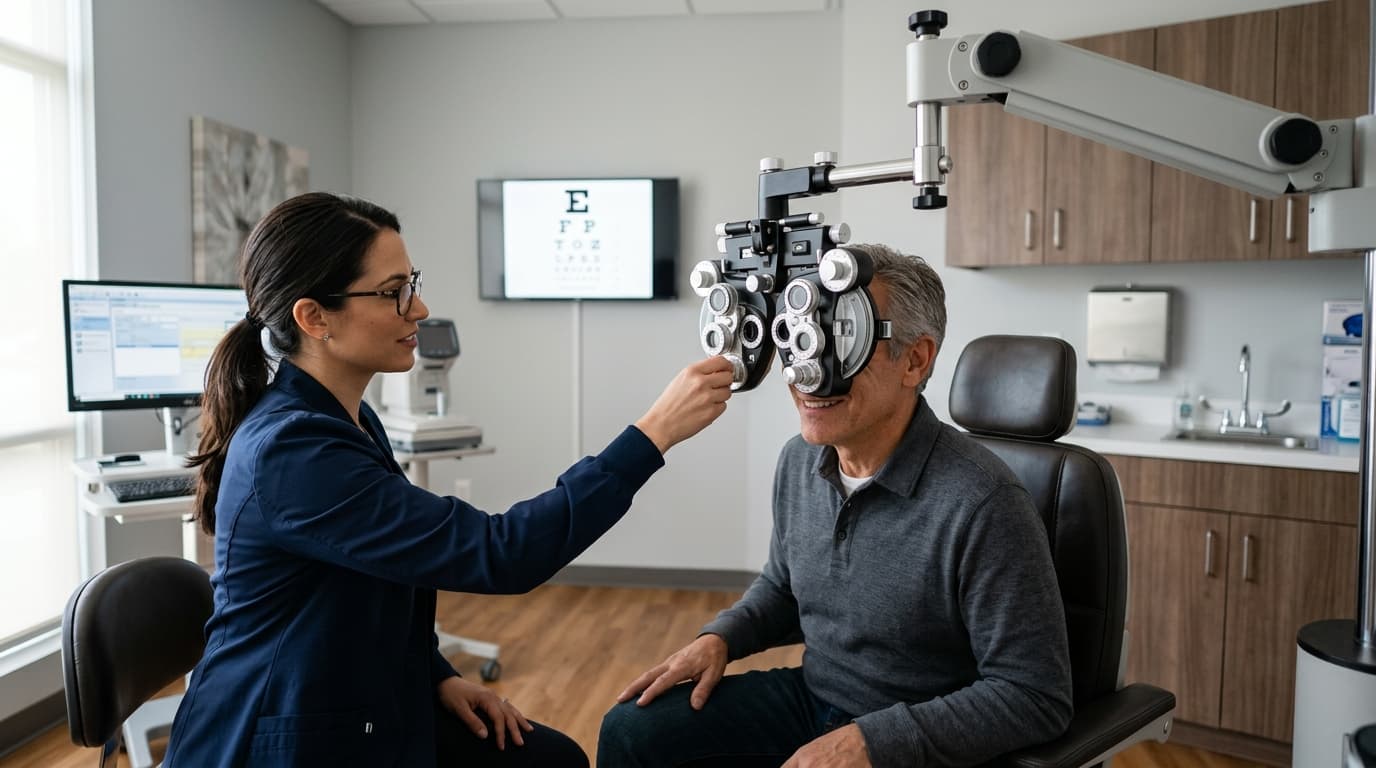 Optometrist testing patient vision with phoropter — RevSquared AI phone agents for optometry practices