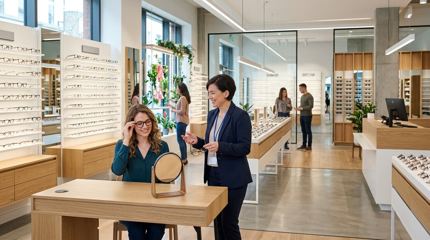 Modern optical shop with eyeglass displays — AI receptionist books eye exams 24/7