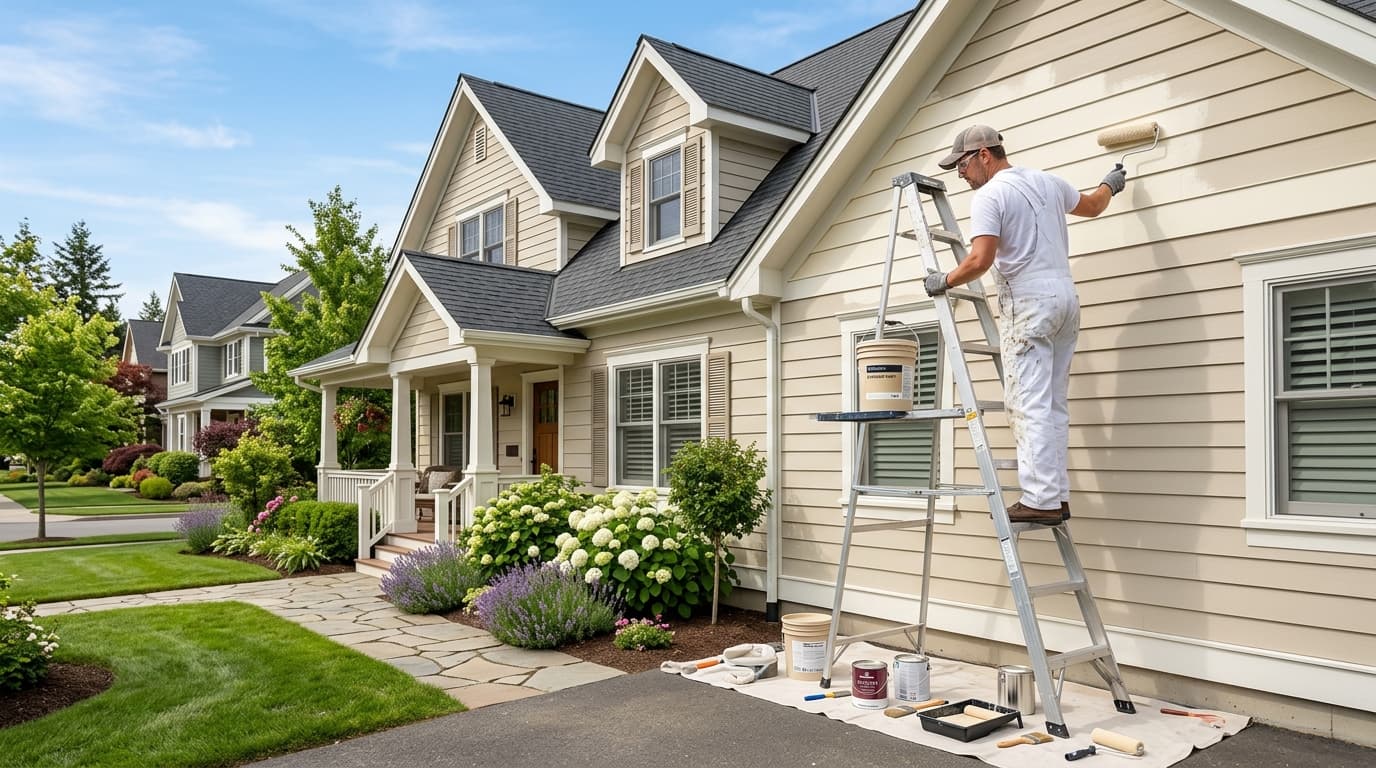 Professional house painter painting home exterior — RevSquared AI phone agents for painting contractors