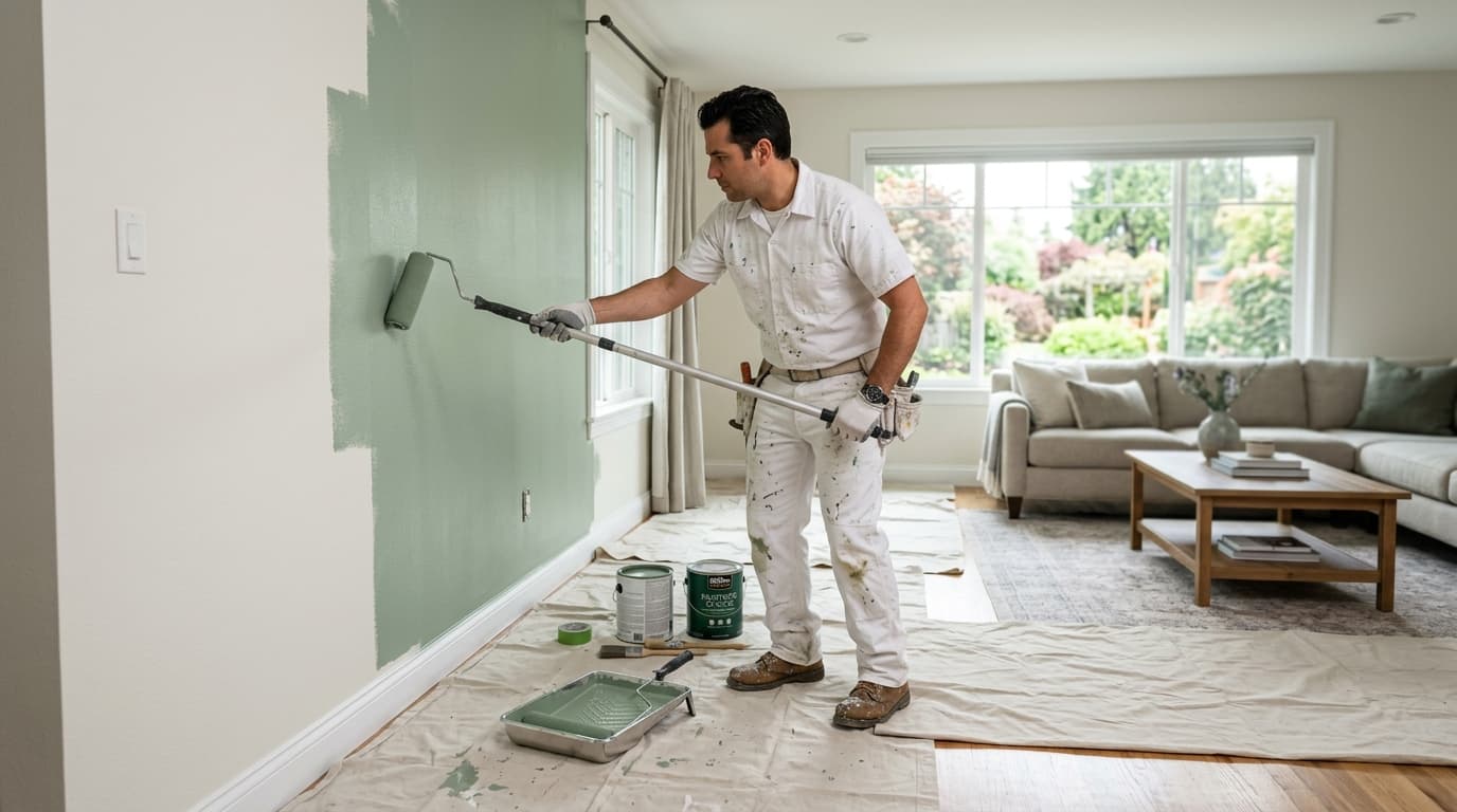 Interior painter working on living room walls — AI receptionist books painting estimates 24/7