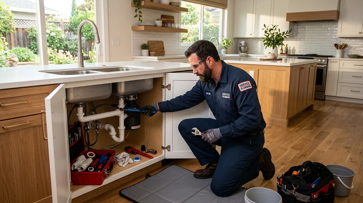 Professional plumber repairing kitchen sink pipes — RevSquared AI phone agents for plumbing companies