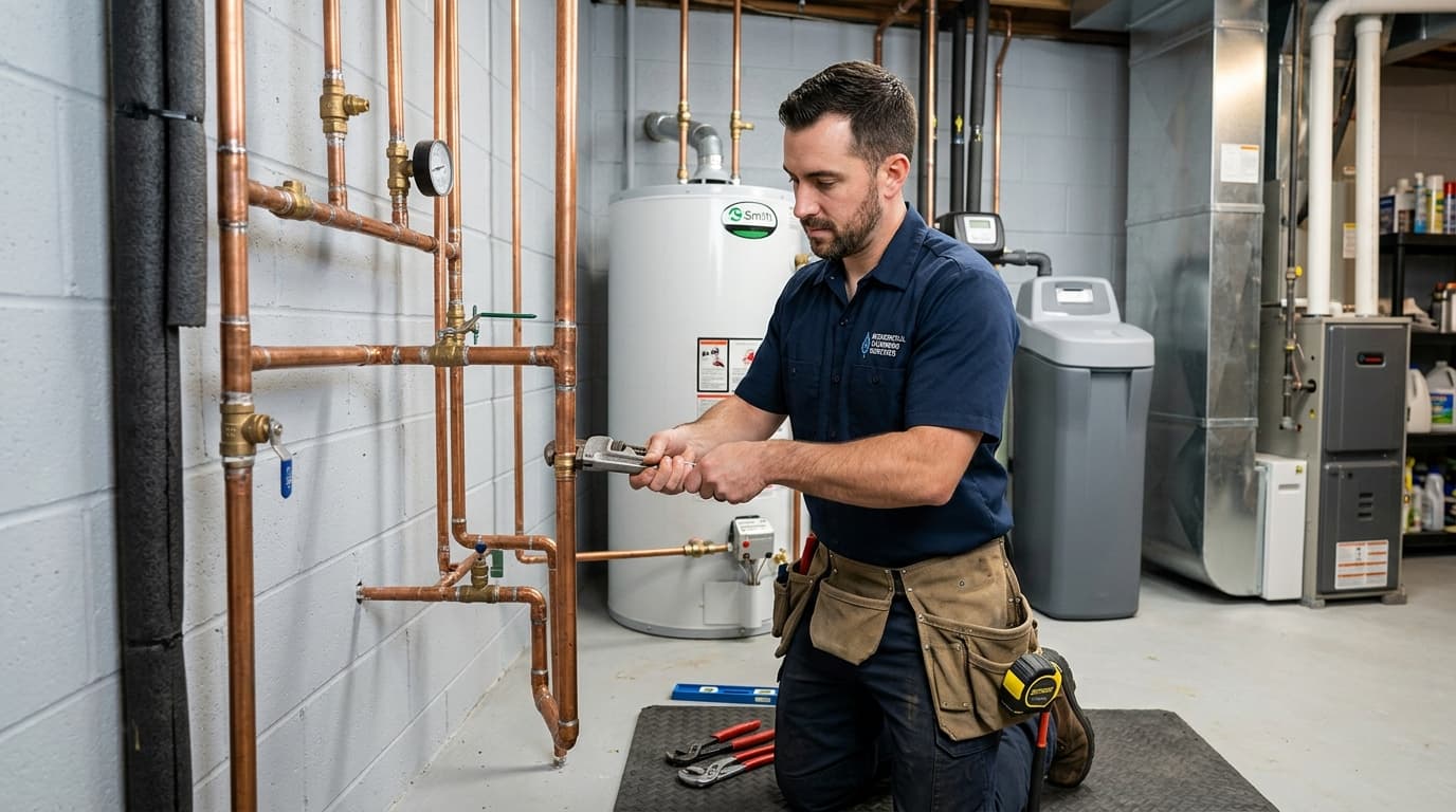 Plumber working on residential plumbing pipes — AI receptionist handles plumbing emergency calls 24/7