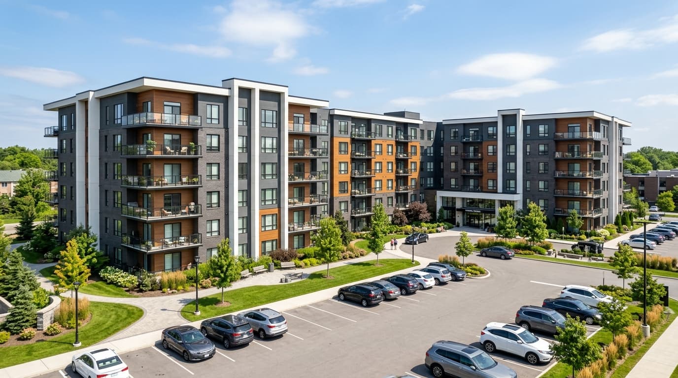 Modern apartment complex exterior — AI answering service for property managers