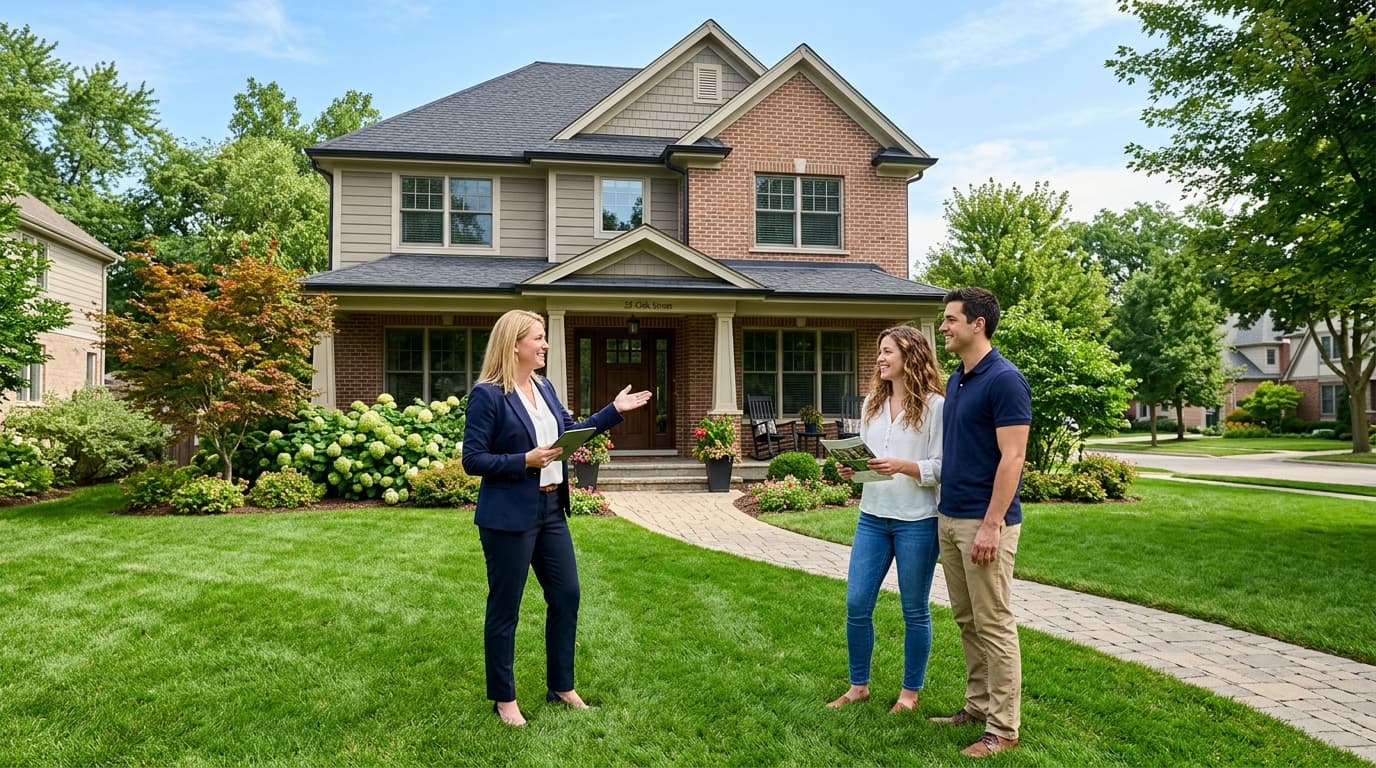 Real estate agent showing home to buyers — RevSquared AI phone agents for real estate agencies