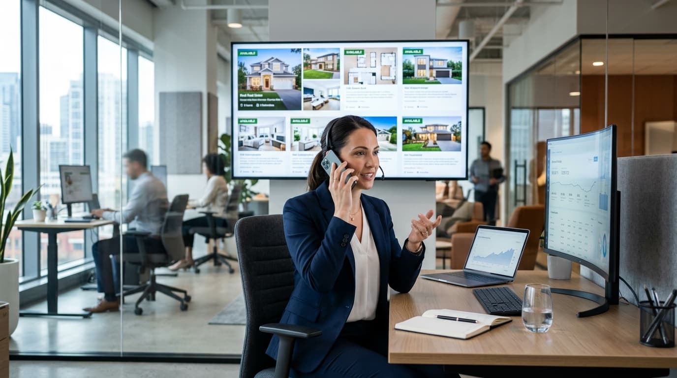Modern real estate office with agent on phone — AI answering service captures real estate leads 24/7