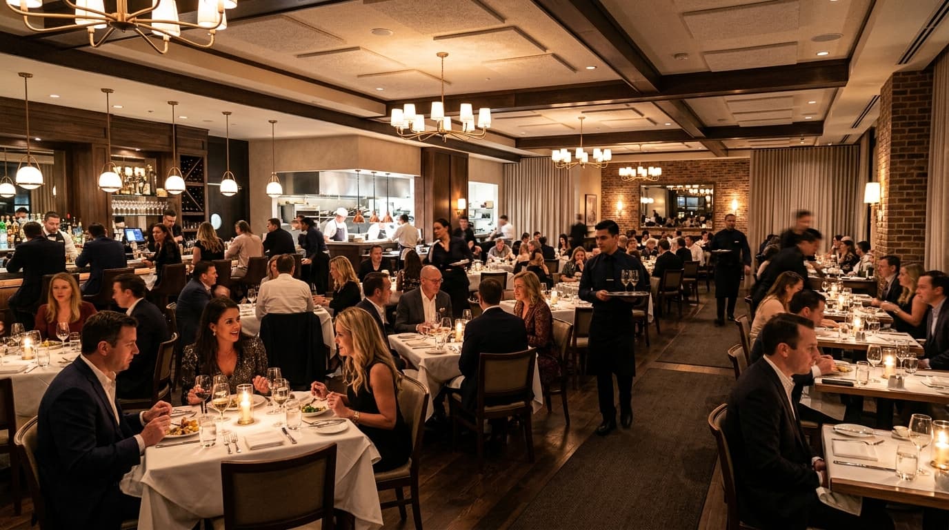 Busy upscale restaurant interior during dinner service — RevSquared AI phone agents for restaurants