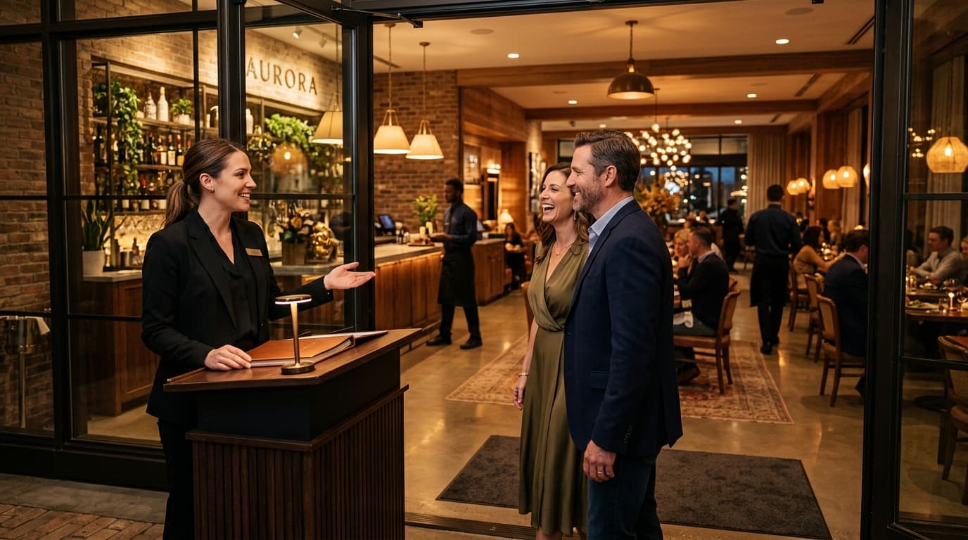 Restaurant host greeting guests — AI answering service handles restaurant reservations 24/7