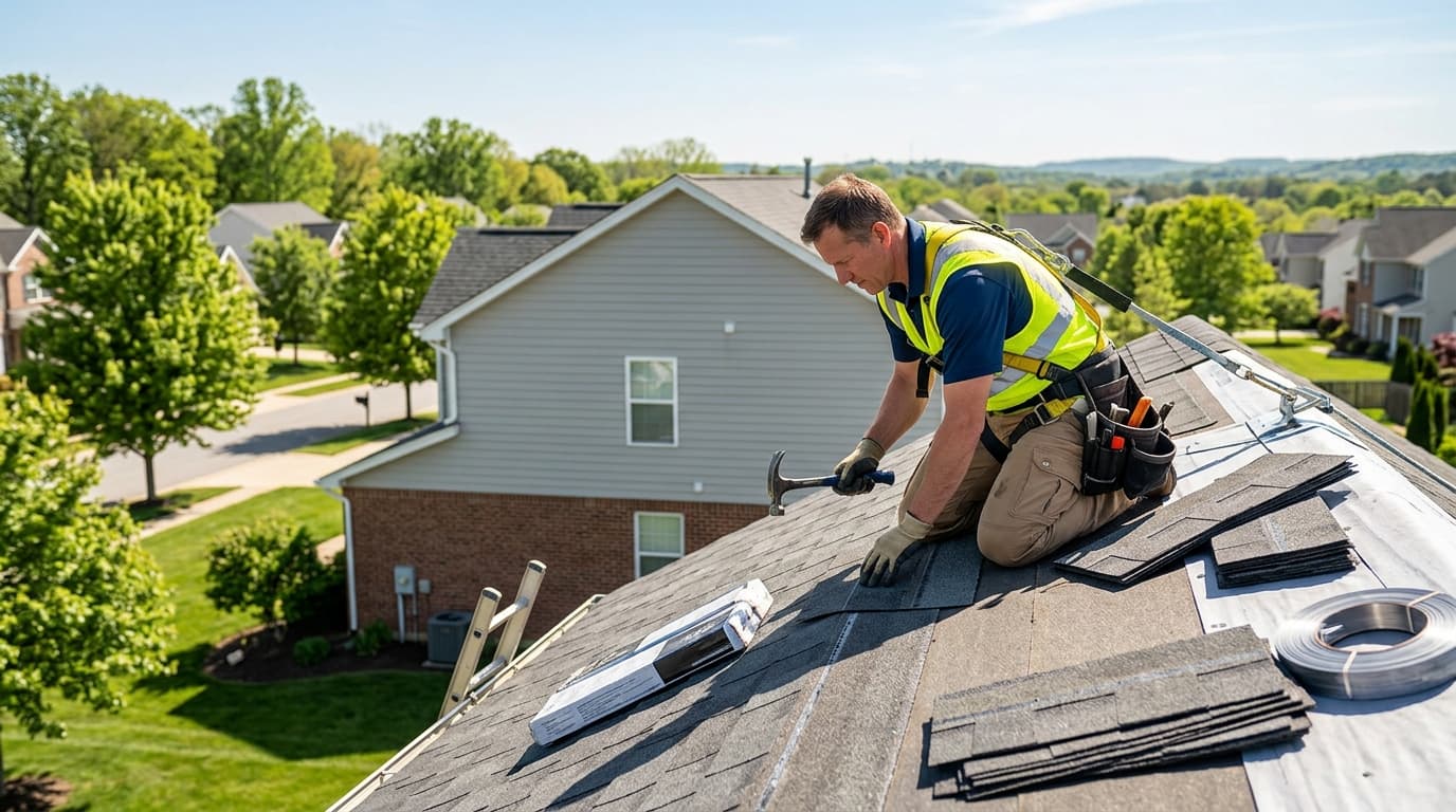 Professional roofer installing shingles on residential roof — RevSquared AI phone agents for roofing companies
