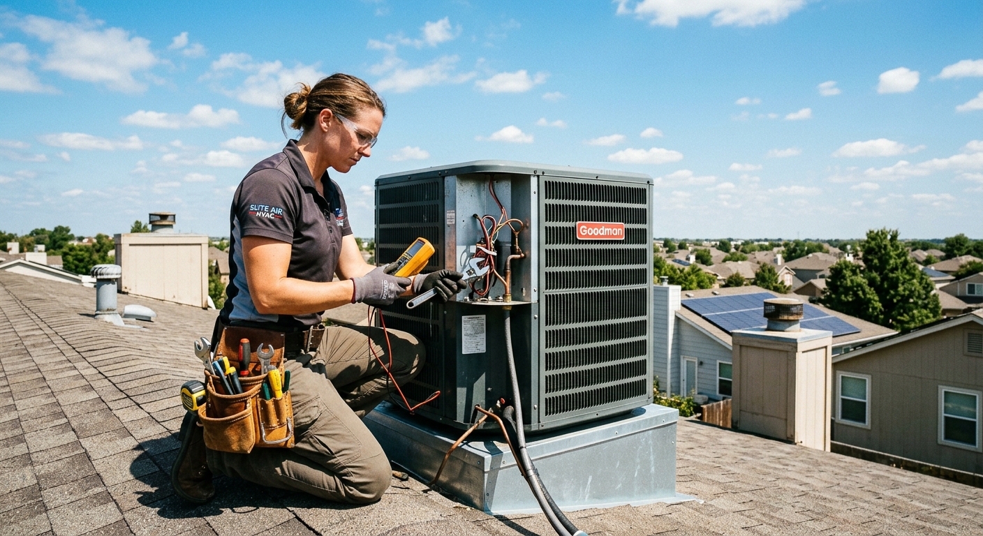 A contractor working on an HVAC unit on a residential rooftop