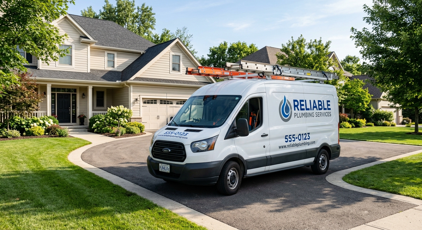 A plumber's work van parked outside a suburban home