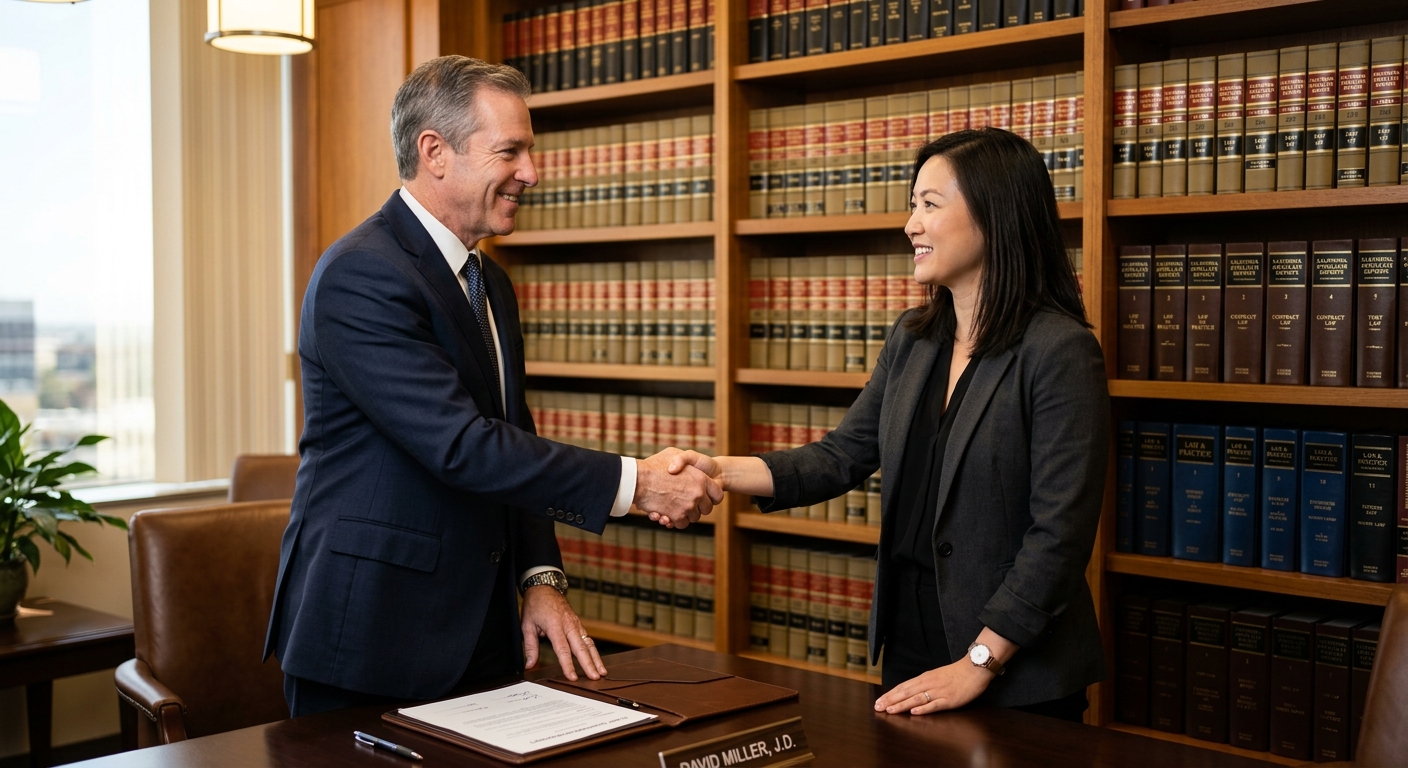 A professional handshake in a law office representing new client acquisition
