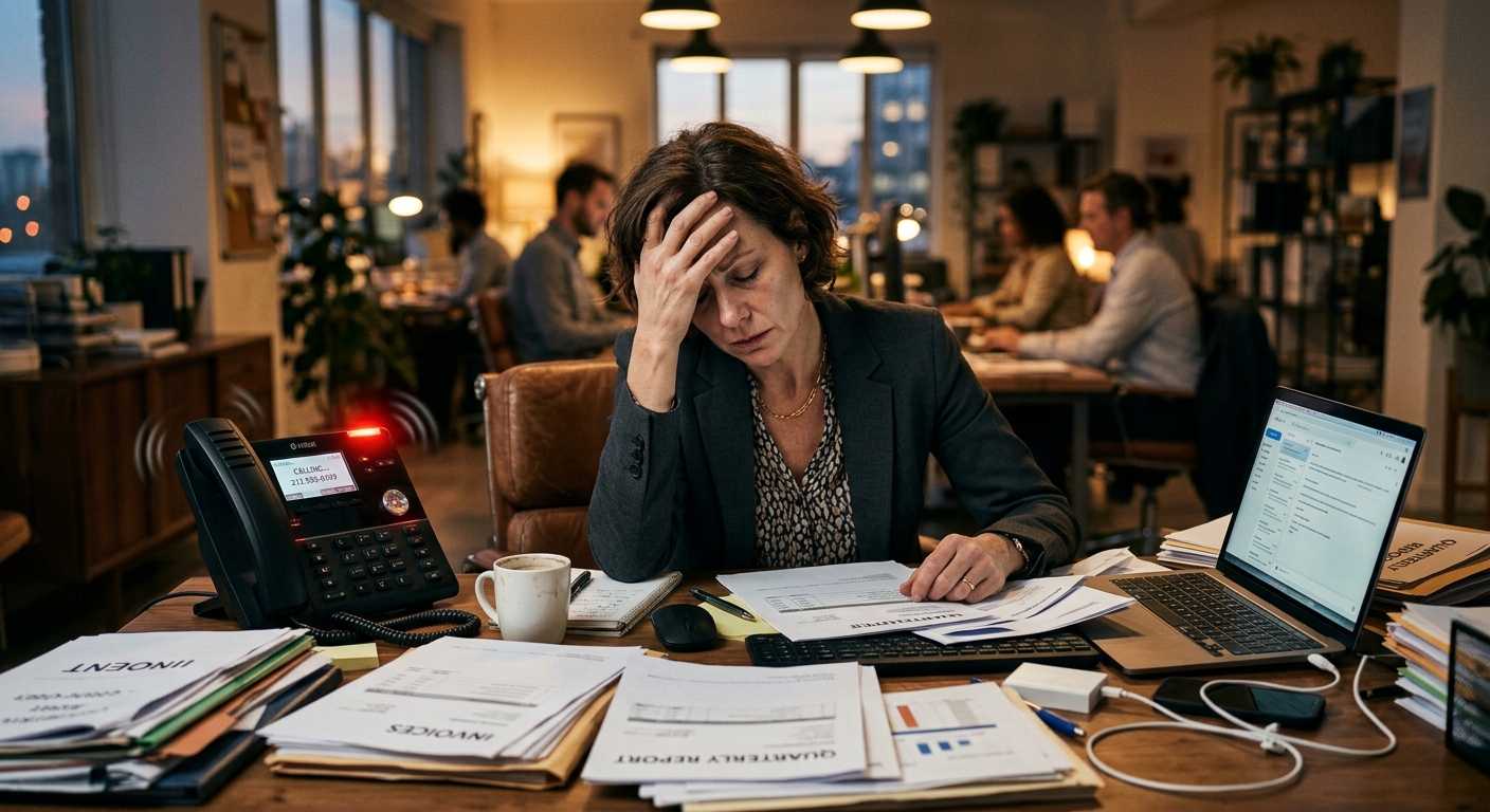 A business owner looking stressed at a ringing phone on a busy desk