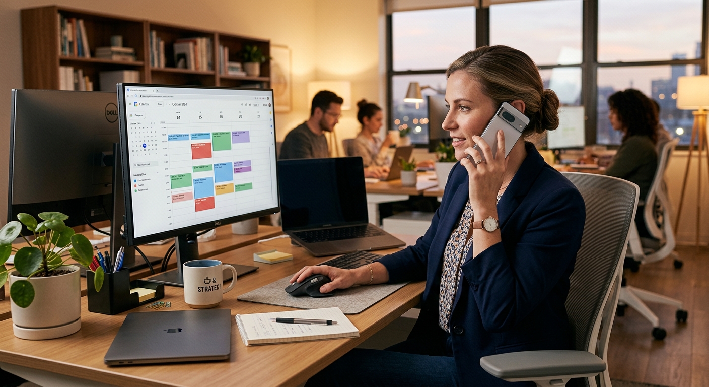 Woman on phone at her desk managing appointments
