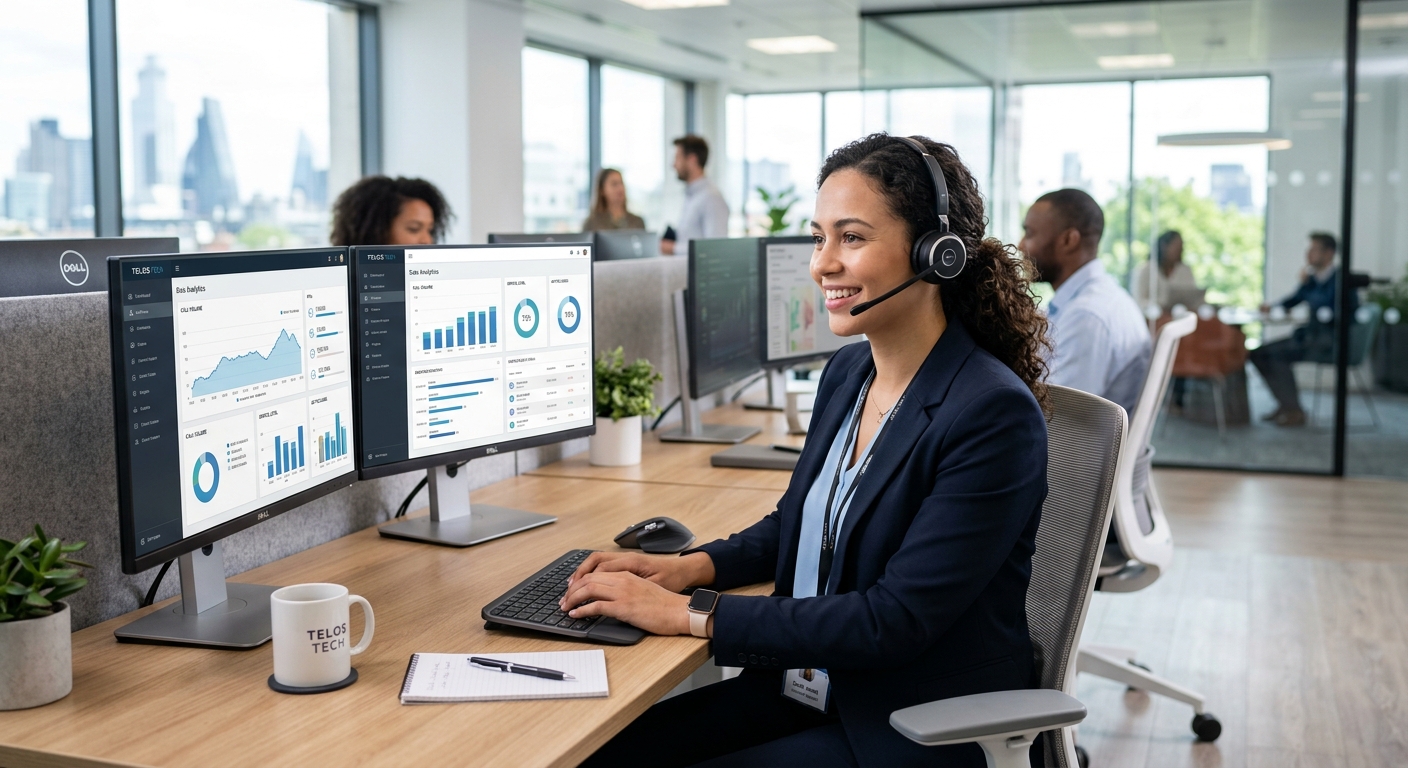 A customer service professional wearing a headset at a modern workstation