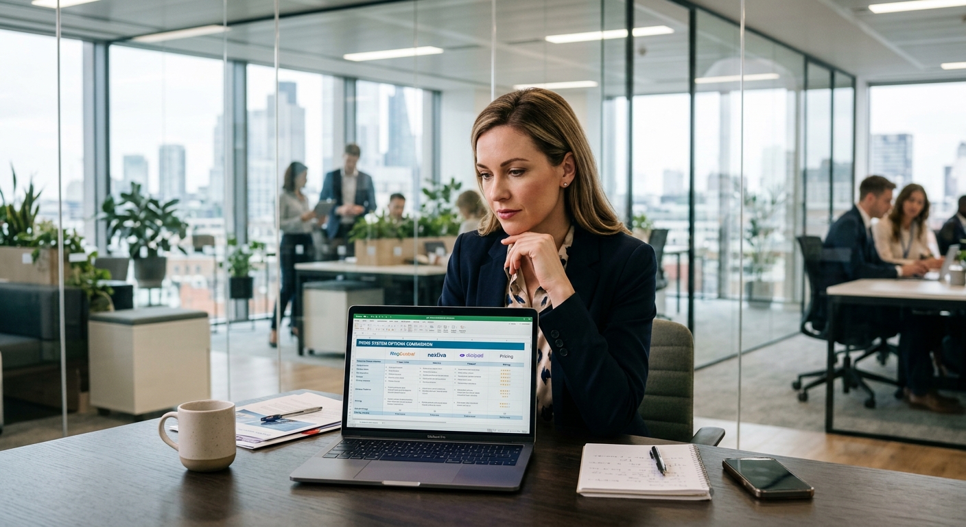 Business professional reviewing phone system options on a laptop
