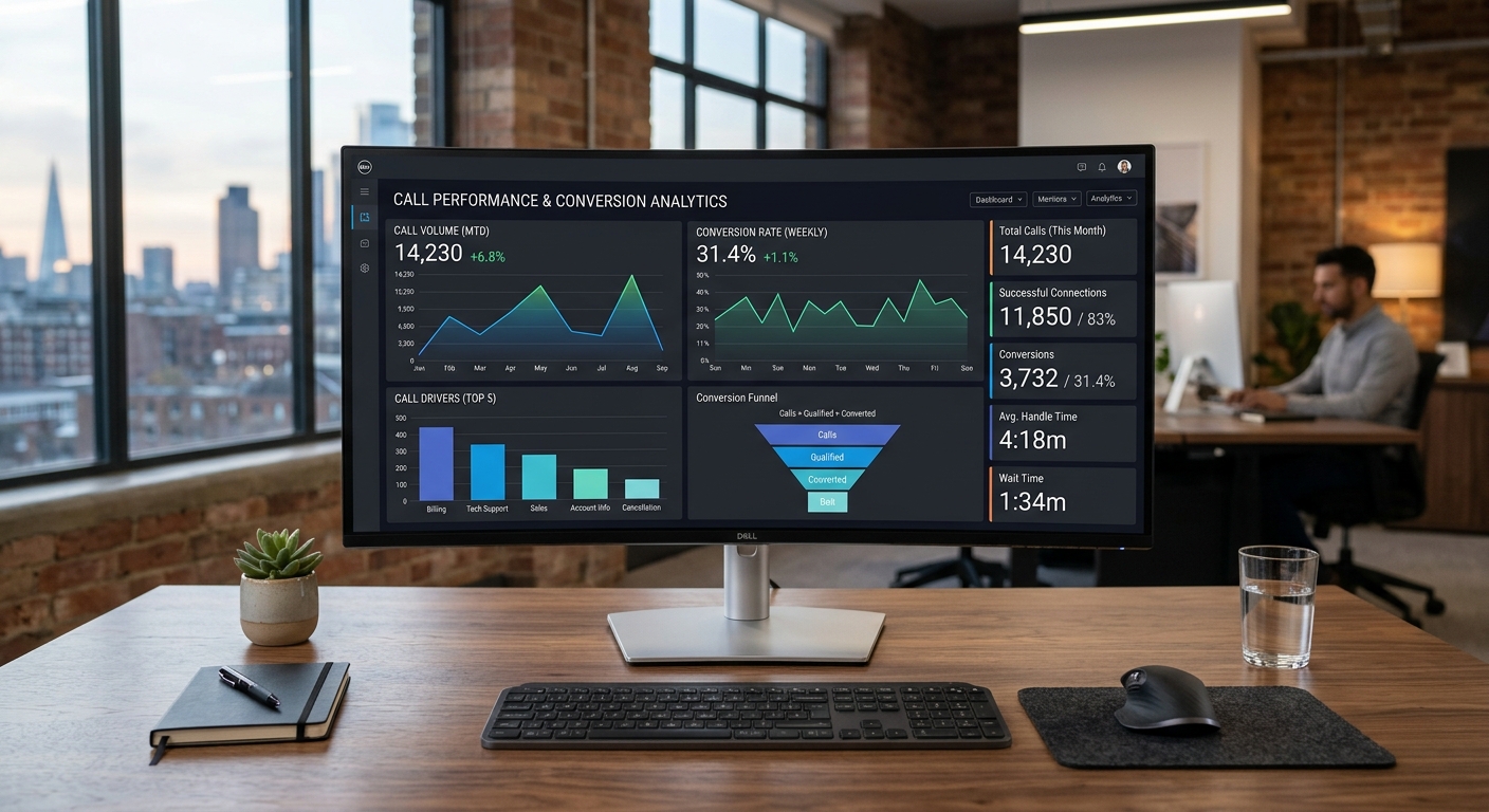 A futuristic AI interface showing call analytics and performance graphs on a modern dashboard