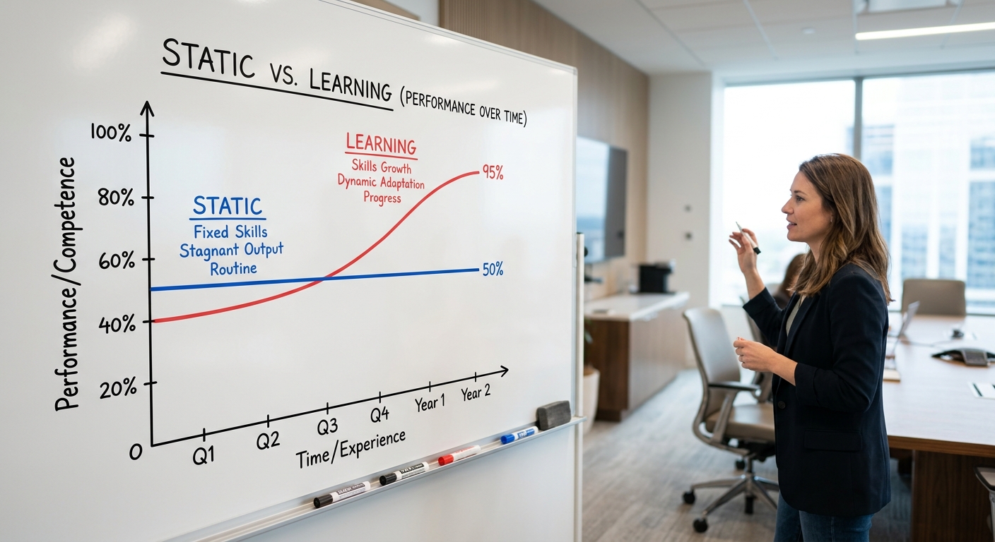 A comparison visualization showing a flat line versus an upward growth curve
