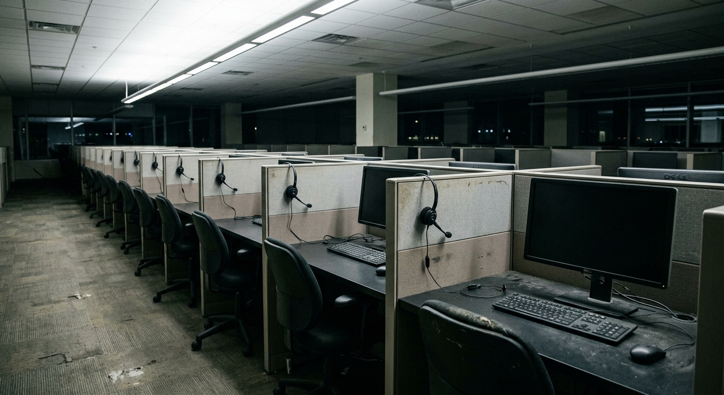 A row of call center headsets sitting on empty desks