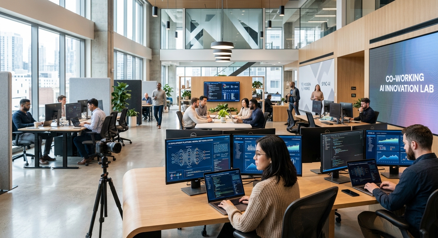 A modern workspace with AI technology on multiple screens