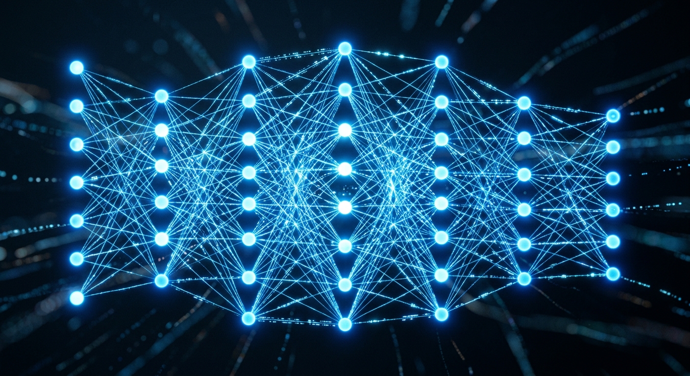 A neural network visualization showing interconnected nodes learning and adapting in real time