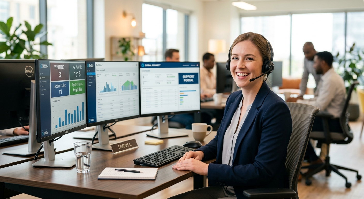 A customer service professional with a headset at work
